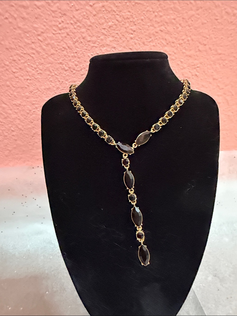Gold-Linked Black Gem Y-Drop Necklace